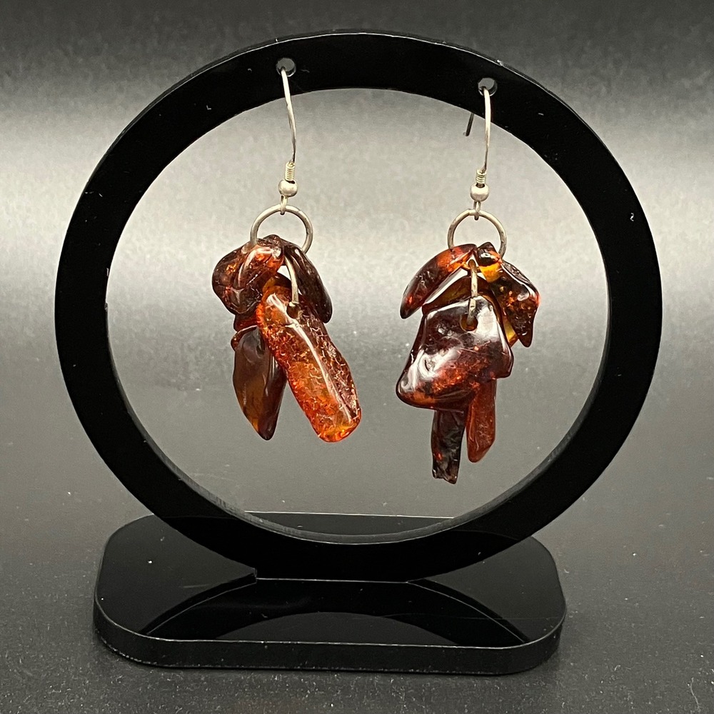 Vintage Amber Earrings Sterling Silver Dangle Cognac Chip Cluster 2in